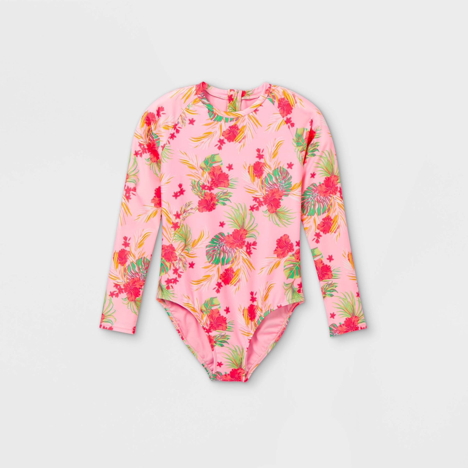 Girls Floral Print Long Sleeve Back Zip One Piece Swimsuit art