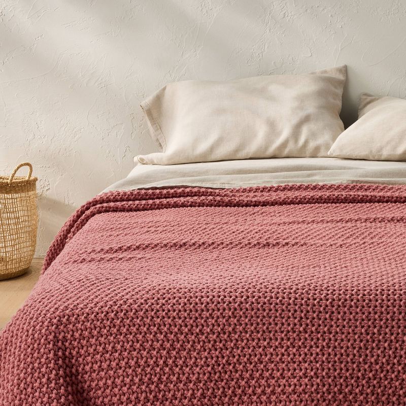 slide 1 of 6, Full/Queen Chunky Knit Bed Blanket Rose - Casaluna™: Acrylic Sweater Knit, Machine Washable, No Style Assigned, 1 ct