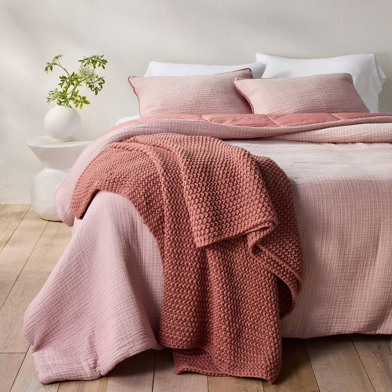 slide 4 of 6, Full/Queen Chunky Knit Bed Blanket Rose - Casaluna™: Acrylic Sweater Knit, Machine Washable, No Style Assigned, 1 ct
