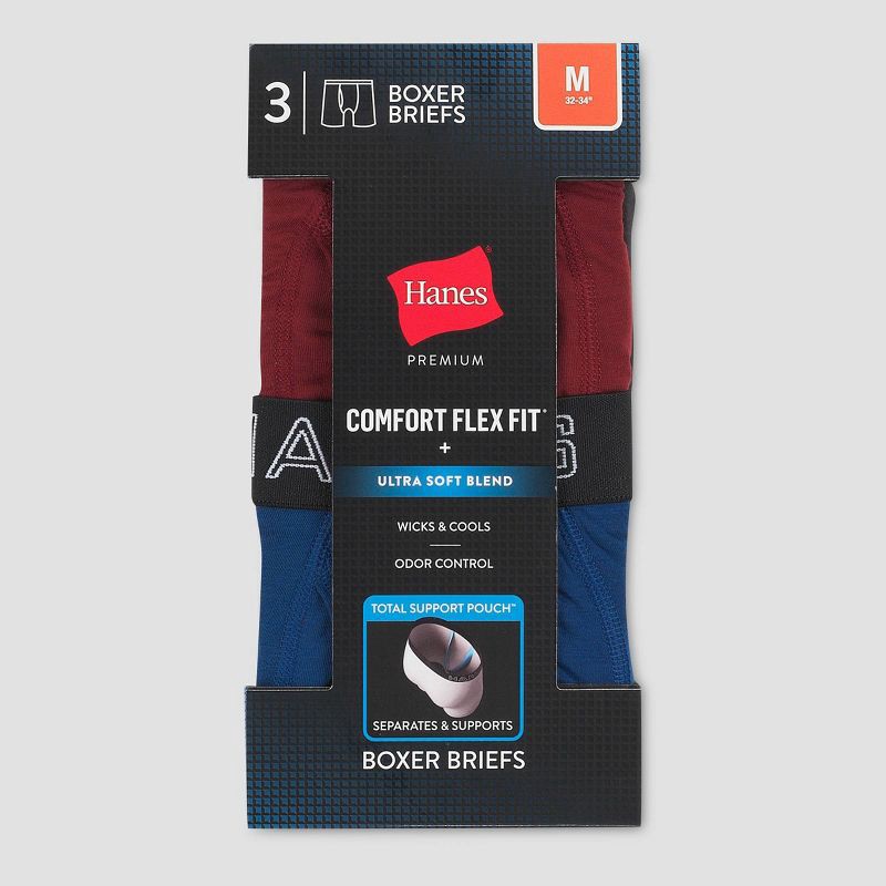 Hanes Premium Men's 3pk Boxer Briefs with Anti Chafing Total Support Pouch  - Blue/Black/Red L