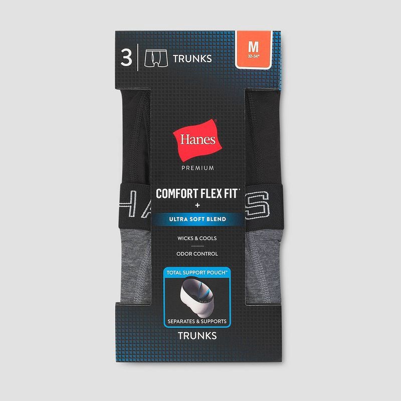 slide 2 of 7, Hanes Premium Men's 3pk Trunks with Anti Chafing Total Support Pouch - Black/Gray XL, 3 ct