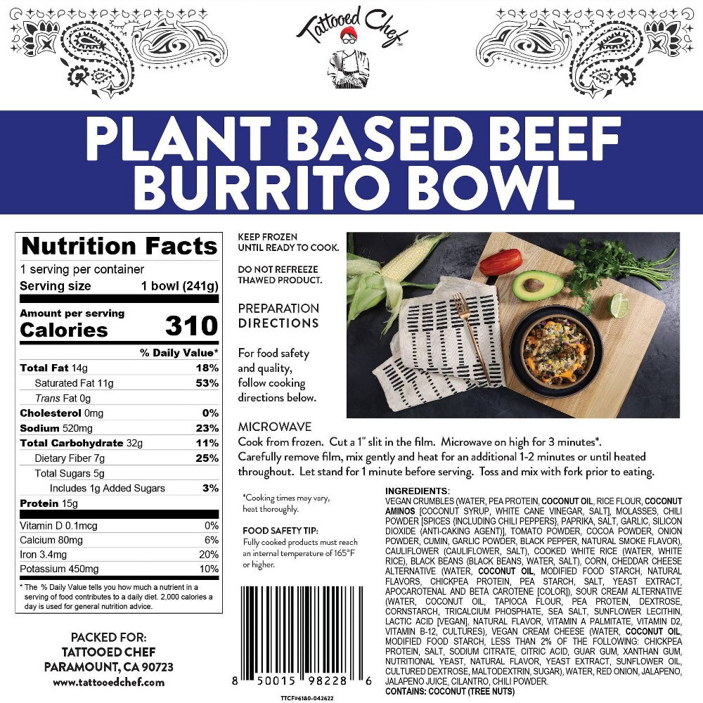 slide 3 of 4, Tattooed Chef Gluten Free Frozen Vegan Plant Based Burrito Bowl - 8.5oz, 8.5 oz