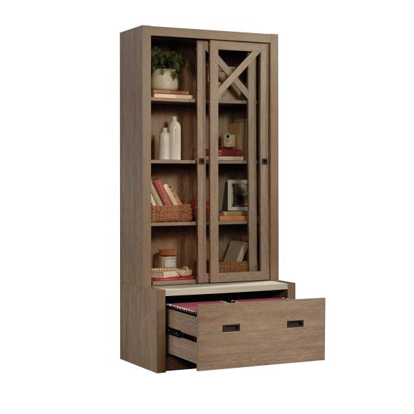 slide 10 of 10, Sauder Dixon City Library 4-Shelf Bookcase With Sliding Doors And Filing Drawer, Brushed Oak/Pebble White, 1 ct