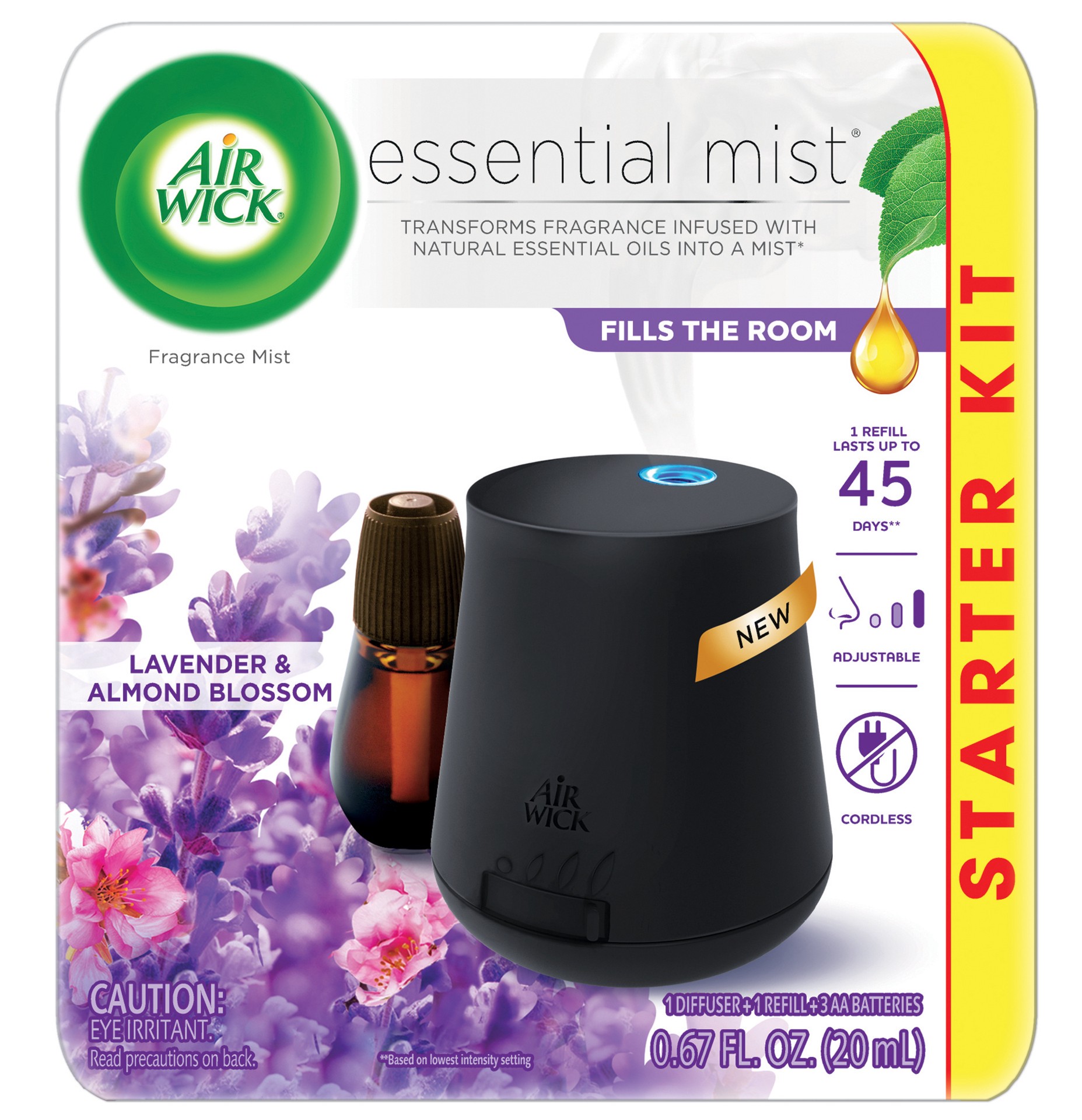 slide 1 of 1, Air Wick Essential Mist Starter Kit (Diffuser + Refill), Lavender and Almond Blossom, Essential Oils Diffuser, Air Freshener, 0.67 oz