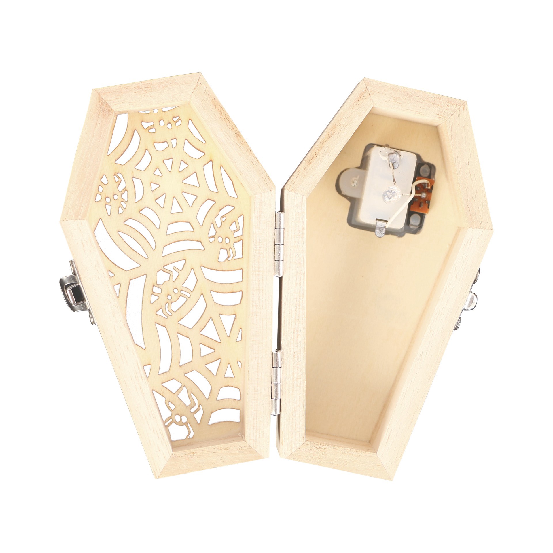 slide 2 of 4, Mini Spiders & Web Coffin Diy Led Wood Decor By Make Market, 2.3 in x 1.5 in x 4.4 in