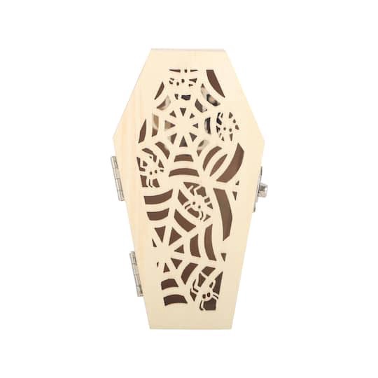 slide 1 of 4, Mini Spiders & Web Coffin Diy Led Wood Decor By Make Market, 2.3 in x 1.5 in x 4.4 in