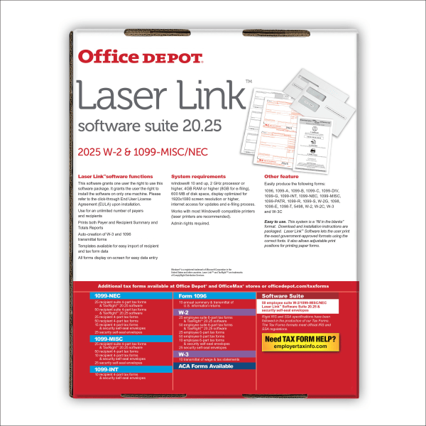slide 2 of 6, Office Depot® W-2/1099 Laser Form Sets With Envelopes And Software, 6-Part/4-Part, 8-1/2"" x 11"", Pack Of 50 Form Sets, 1202325, 1 ct