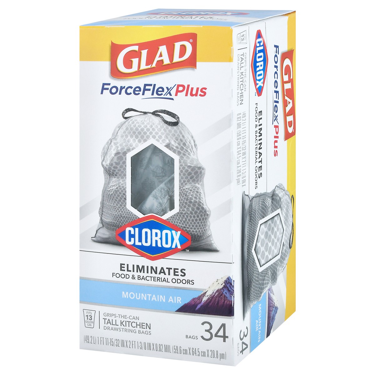 slide 8 of 8, Glad ForceFlexPlus with Clorox Tall Kitchen Mountain Air Trash Bags, 34 ct