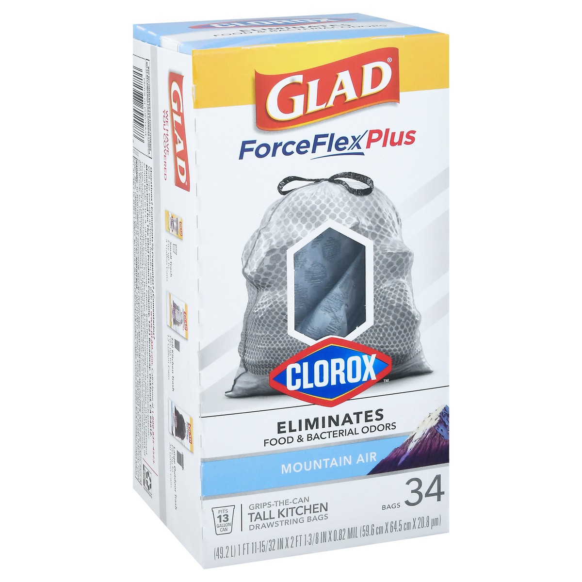 slide 3 of 8, Glad ForceFlexPlus with Clorox Tall Kitchen Mountain Air Trash Bags, 34 ct