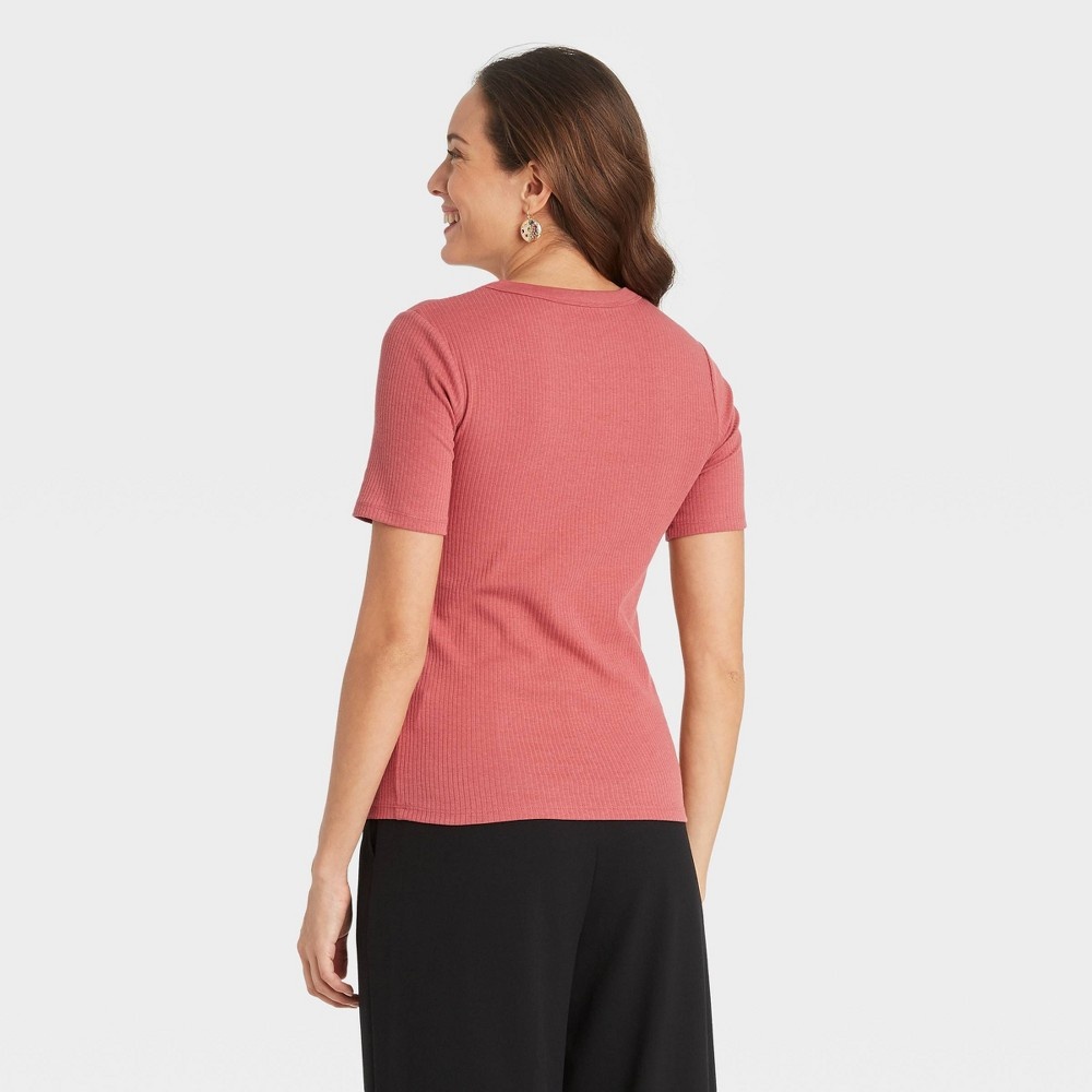 slide 2 of 3, Women's Short Sleeve Ribbed T-Shirt - A New Day Light Rose S, 1 ct