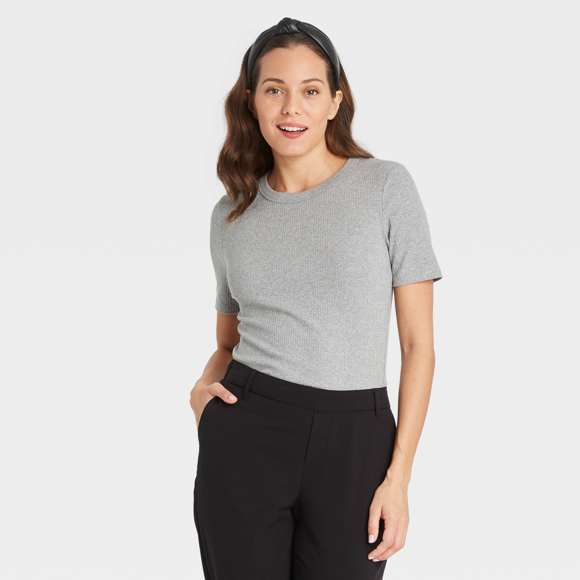 slide 1 of 3, Women's Short Sleeve Ribbed T-Shirt - A New Day Heather Gray XS, 1 ct
