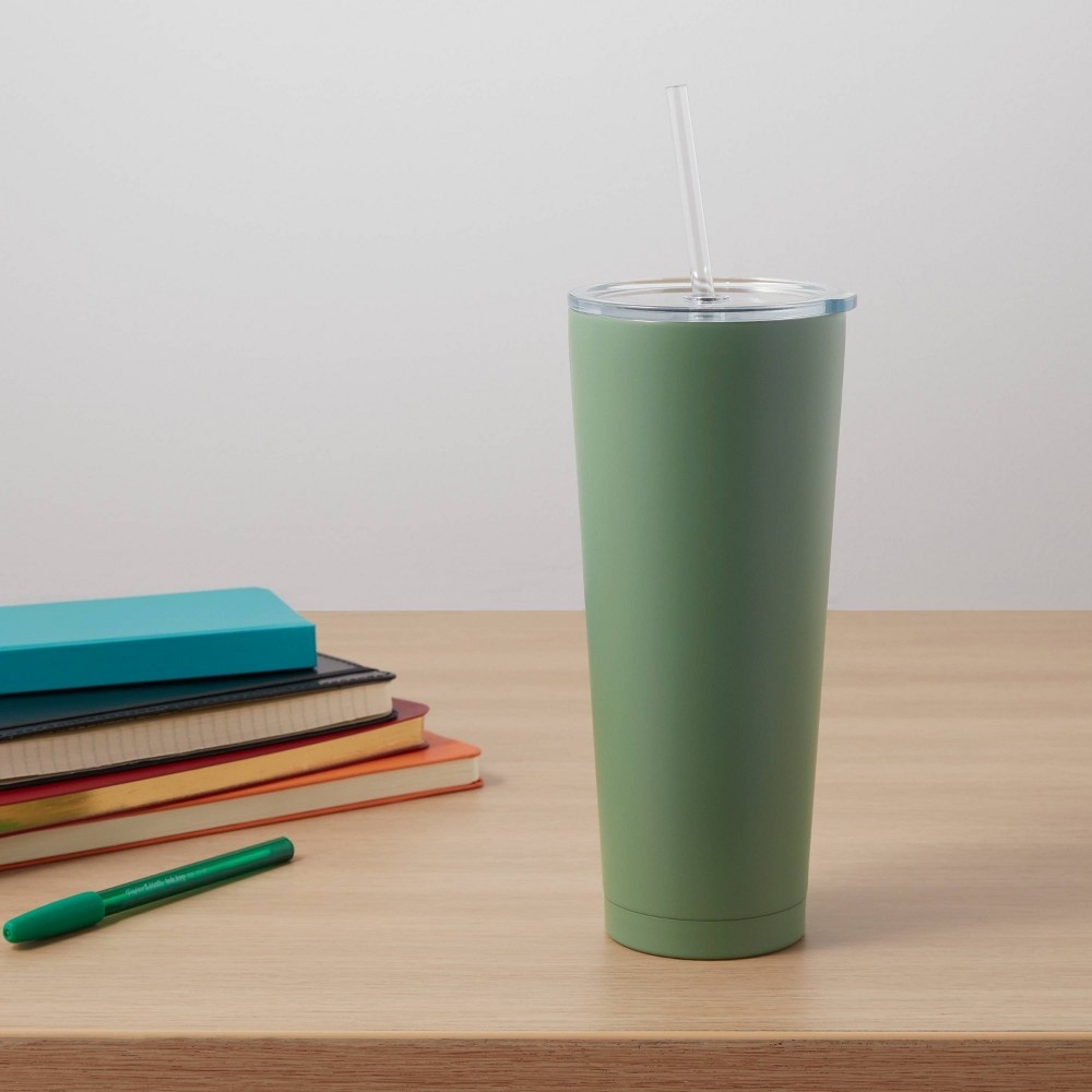 slide 2 of 3, 25oz Stainless Steel Vacuum Tumbler with Straw & Slide Lid Solid Matte Crisp Green - Room Essentials, 1 ct