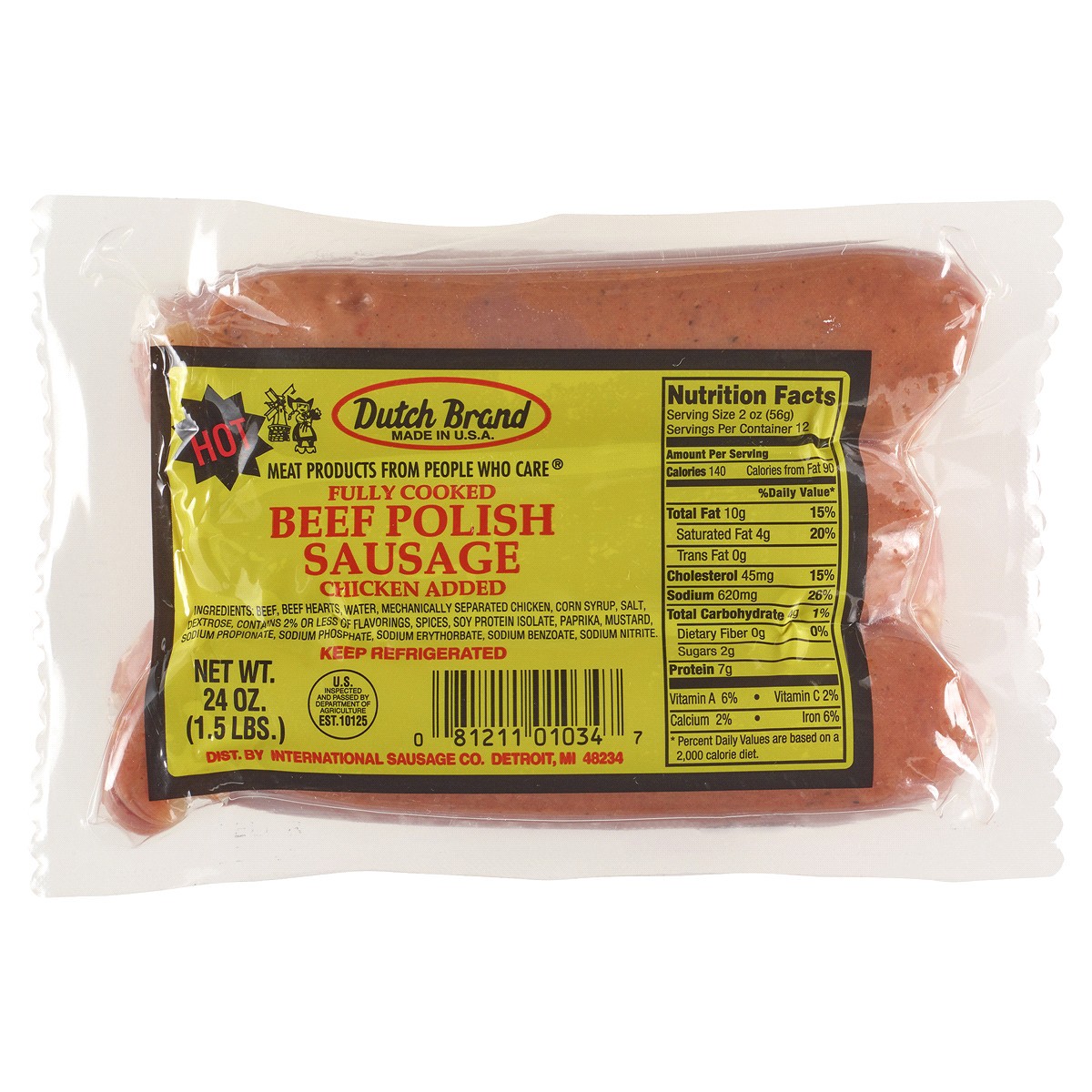 slide 1 of 1, Dutch Brand Hot Beef Polish Sausage, 24 oz