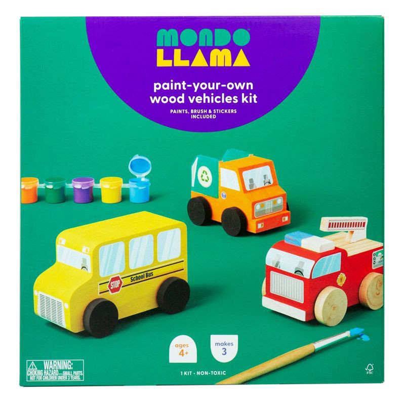 slide 1 of 8, Paint-Your-Own Wooden Vehicles - Mondo Llama™: DIY Art Kit with Stickers & Acrylic Paint for Kids 4+, 1 ct