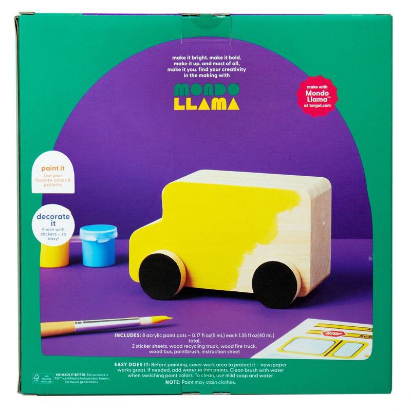 slide 5 of 8, Paint-Your-Own Wooden Vehicles - Mondo Llama™: DIY Art Kit with Stickers & Acrylic Paint for Kids 4+, 1 ct
