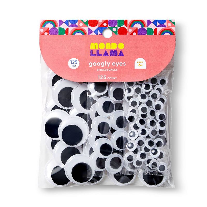 slide 1 of 3, 125ct Googly Eyes with Sticker Back Black - Mondo Llama™: Craft Embellishments, Wiggle Eye Stickers, Multicolor PVC, 125 ct