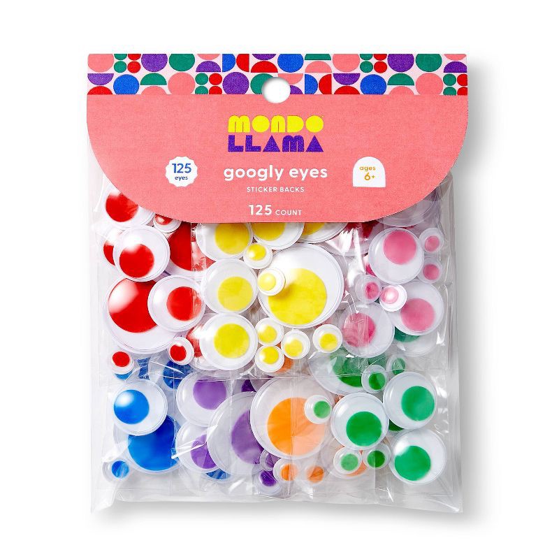 slide 1 of 3, 125ct Googly Eyes with Sticker Back - Mondo Llama™: Multicolor Wiggle Eye Stickers for Crafts, Ages 6+, 125 ct