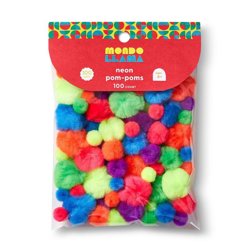 slide 1 of 3, 100ct Neon Pom-Poms - Mondo Llama™: Multicolor Acrylic Craft Embellishments, Ages 6+, 100 Pieces, 100 ct