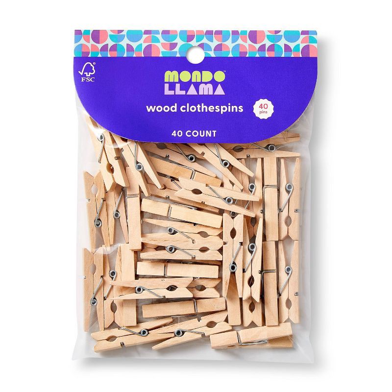 slide 1 of 3, 40ct Wood Clothespins Natural - Mondo Llama™, 40 ct