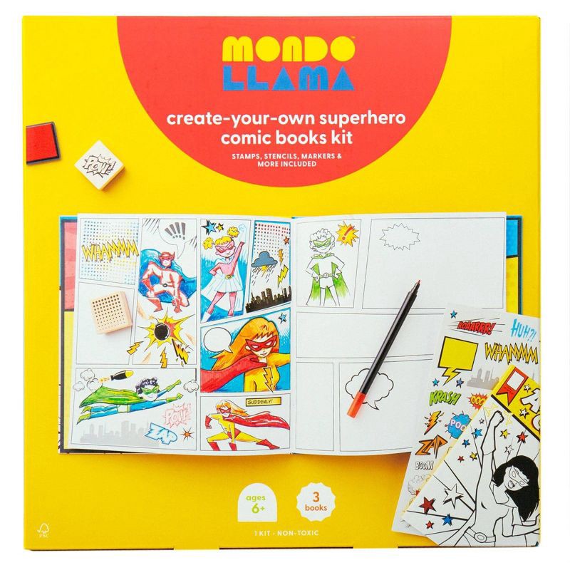 slide 1 of 7, Create-Your-Own Superhero Comic Books Kit - Mondo Llama™: DIY Art Kit for Designing Superhero Comics, Includes Markers & Stickers, 1 ct