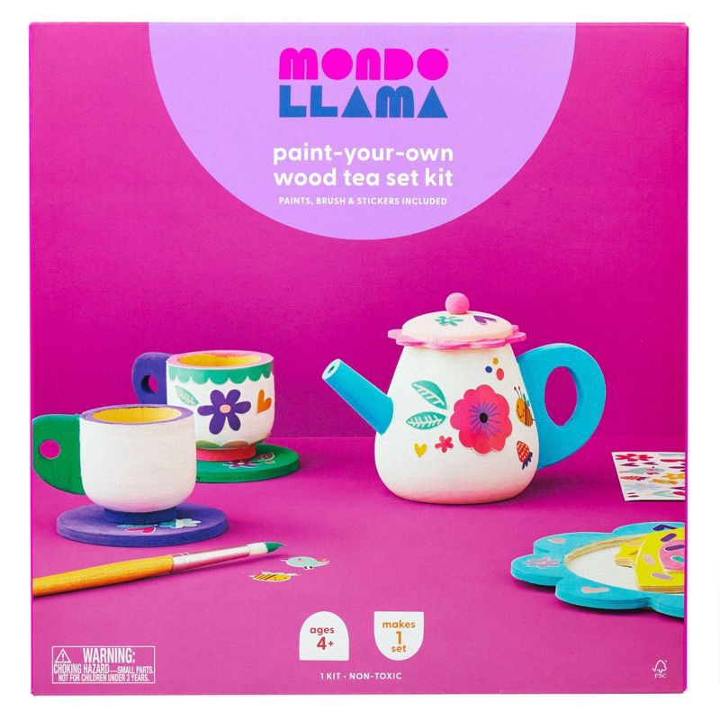 slide 1 of 5, Paint-Your-Own Wood Tea Set Kit - Mondo Llama™: Custom Tea Sets for 4 Year Olds, Includes Paint & Stickers, 1 ct