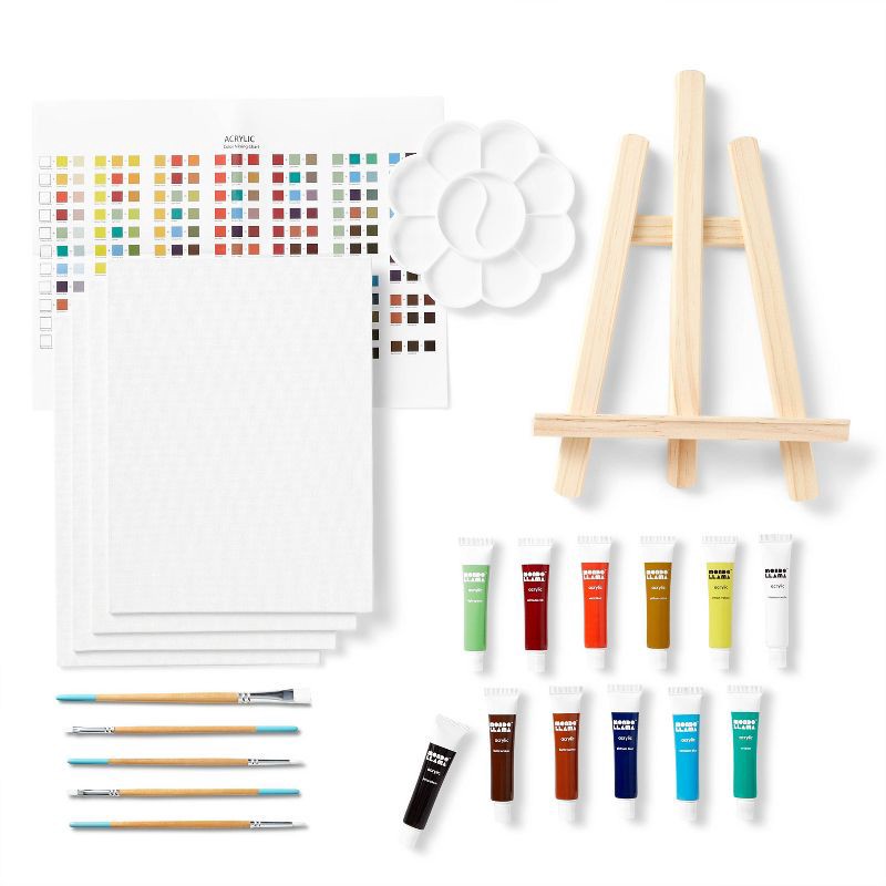 slide 2 of 5, 25pc Artist Acrylic Starter Set - Mondo Llama™: Easel & Paint Kit with Brushes, Palette, Canvas Boards, Design Guide, 25 ct