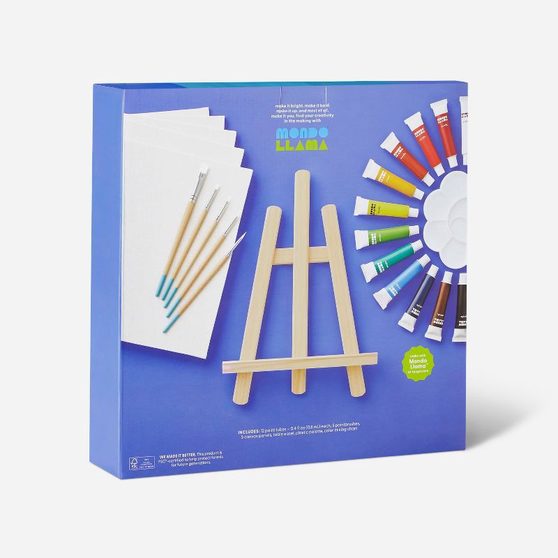 slide 3 of 5, 25pc Artist Acrylic Starter Set - Mondo Llama™: Easel & Paint Kit with Brushes, Palette, Canvas Boards, Design Guide, 25 ct