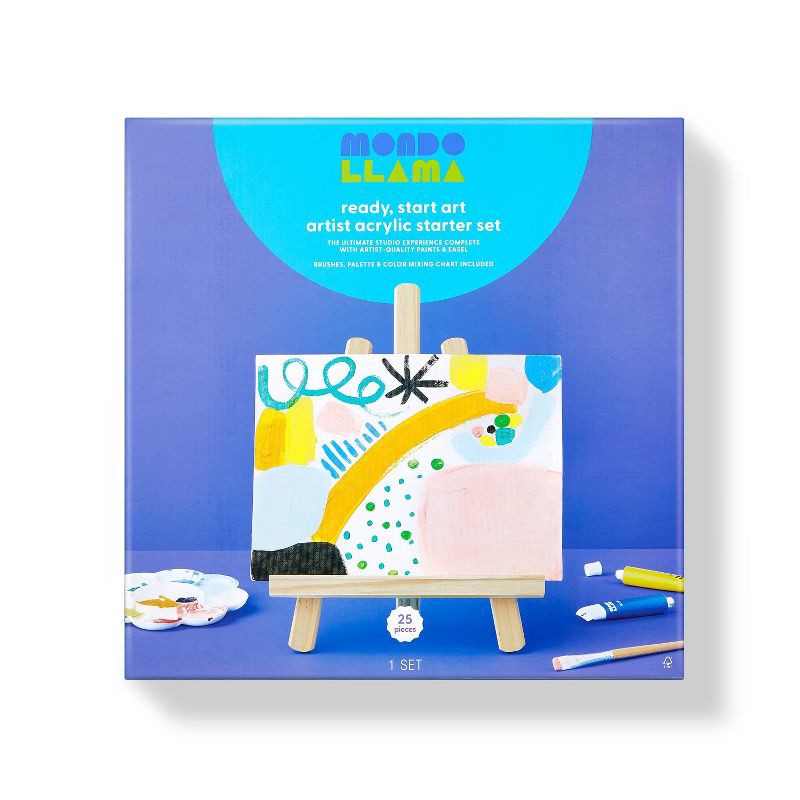 slide 1 of 5, 25pc Artist Acrylic Starter Set - Mondo Llama™: Easel & Paint Kit with Brushes, Palette, Canvas Boards, Design Guide, 25 ct