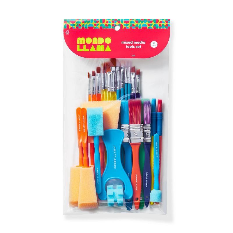 slide 1 of 3, 25pc Mixed Media Tools Set - Mondo Llama™: Artist Paint Brushes & Applicators, Nylon & Wood, Multicolor, 7" Length, 25 ct