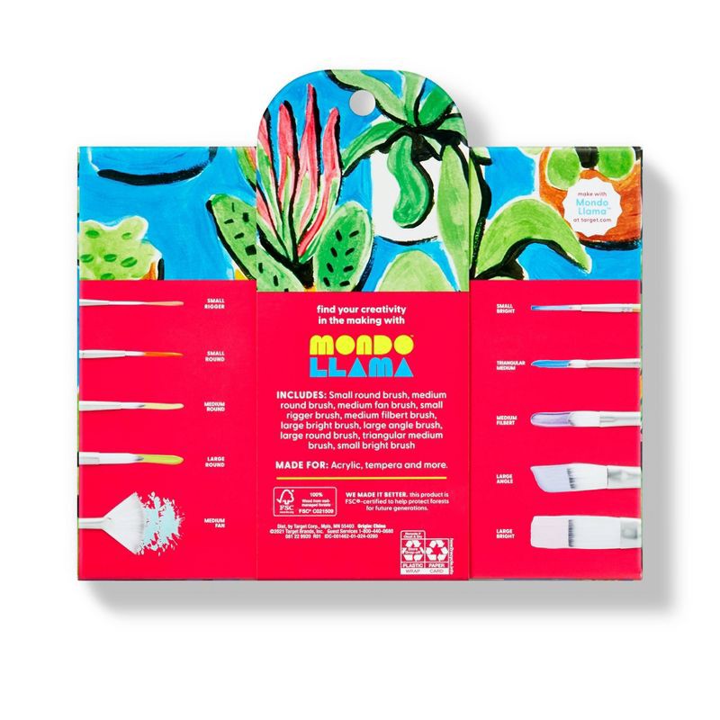 slide 3 of 5, 10pc Artist Paintbrush Set - Mondo Llama™: Nylon & Wood, Watercolor, Oil, Tempera, Acrylic, Bright, Fan, Round, Angle, 10 ct