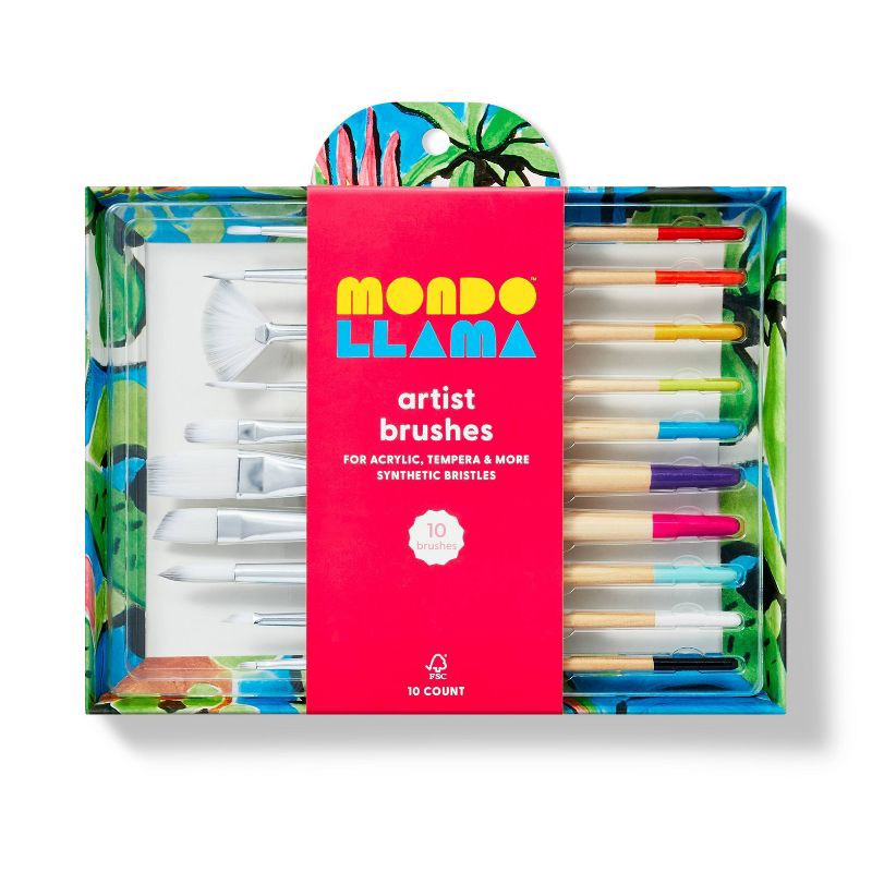 slide 1 of 5, 10pc Artist Paintbrush Set - Mondo Llama™: Nylon & Wood, Watercolor, Oil, Tempera, Acrylic, Bright, Fan, Round, Angle, 10 ct
