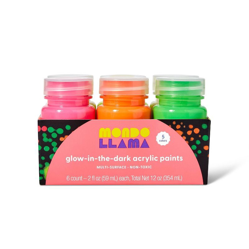 slide 1 of 6, 6ct Glow-In-The-Dark Acrylic Paints - Mondo Llama™, 6 ct