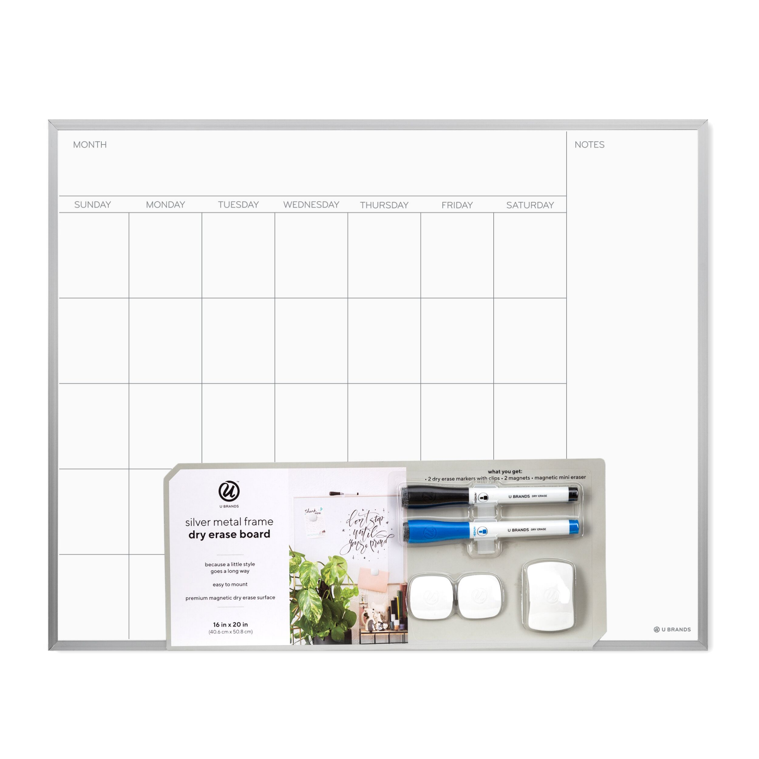 slide 1 of 2, U Brands Magnetic Dry Erase Calendar Board, 20x16 in., Silver Aluminum Frame, 1 ct