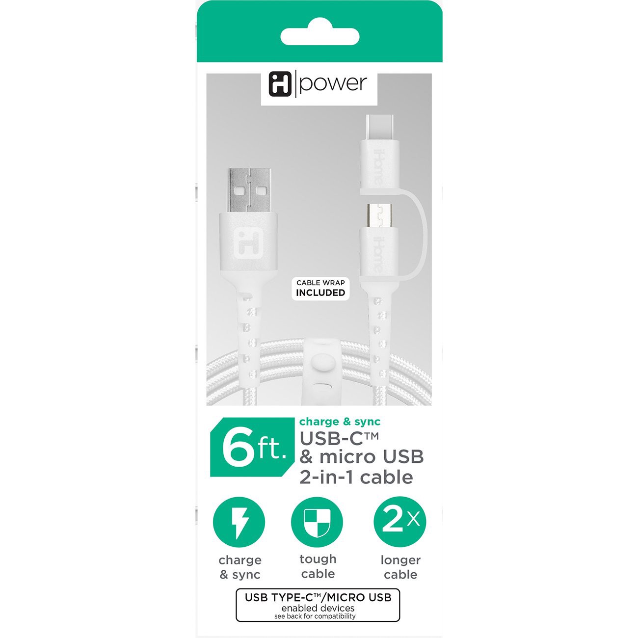 slide 1 of 1, iHome USB-A to USB-C Charging Cable - White, 6 ft