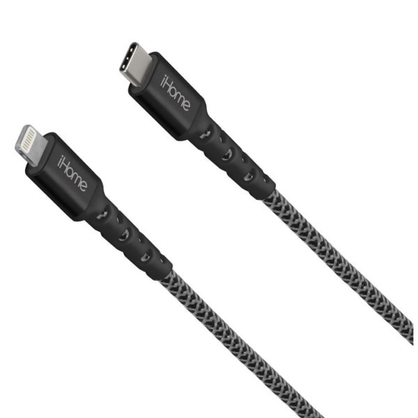 slide 2 of 2, iHome 6' Durastrain Lightning To Usb-C Nylon Charge And Sync Cable With Cable Wrap, Black, 2Ihlc1023B6L2, 6 ft