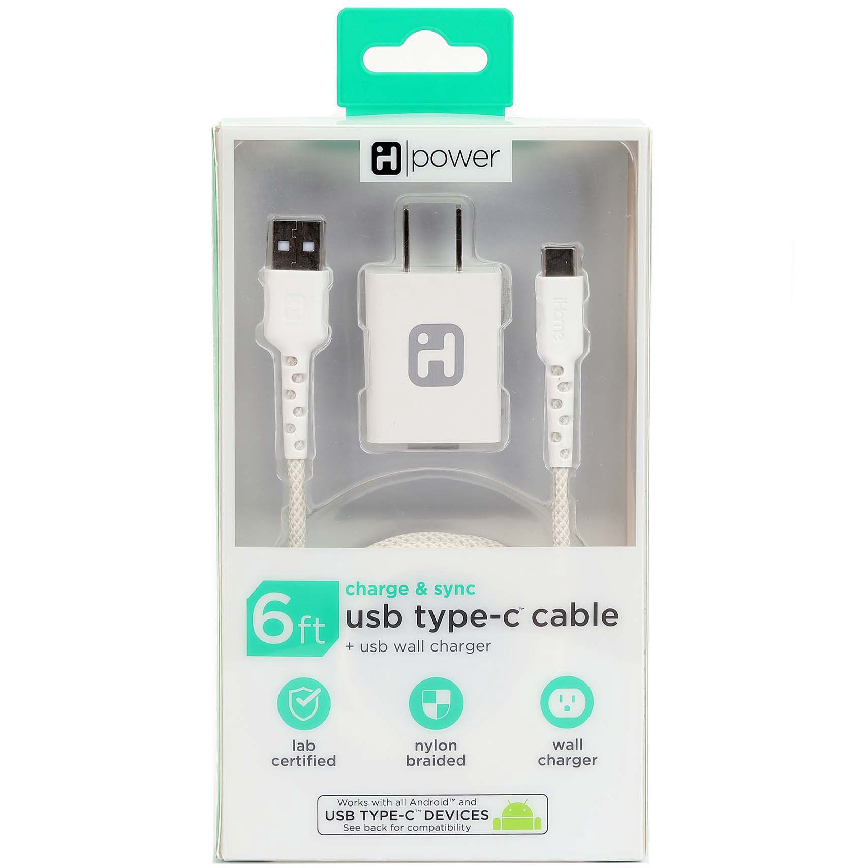slide 1 of 1, iHome USB-C Cable with Wall Charger - White, 6 ft