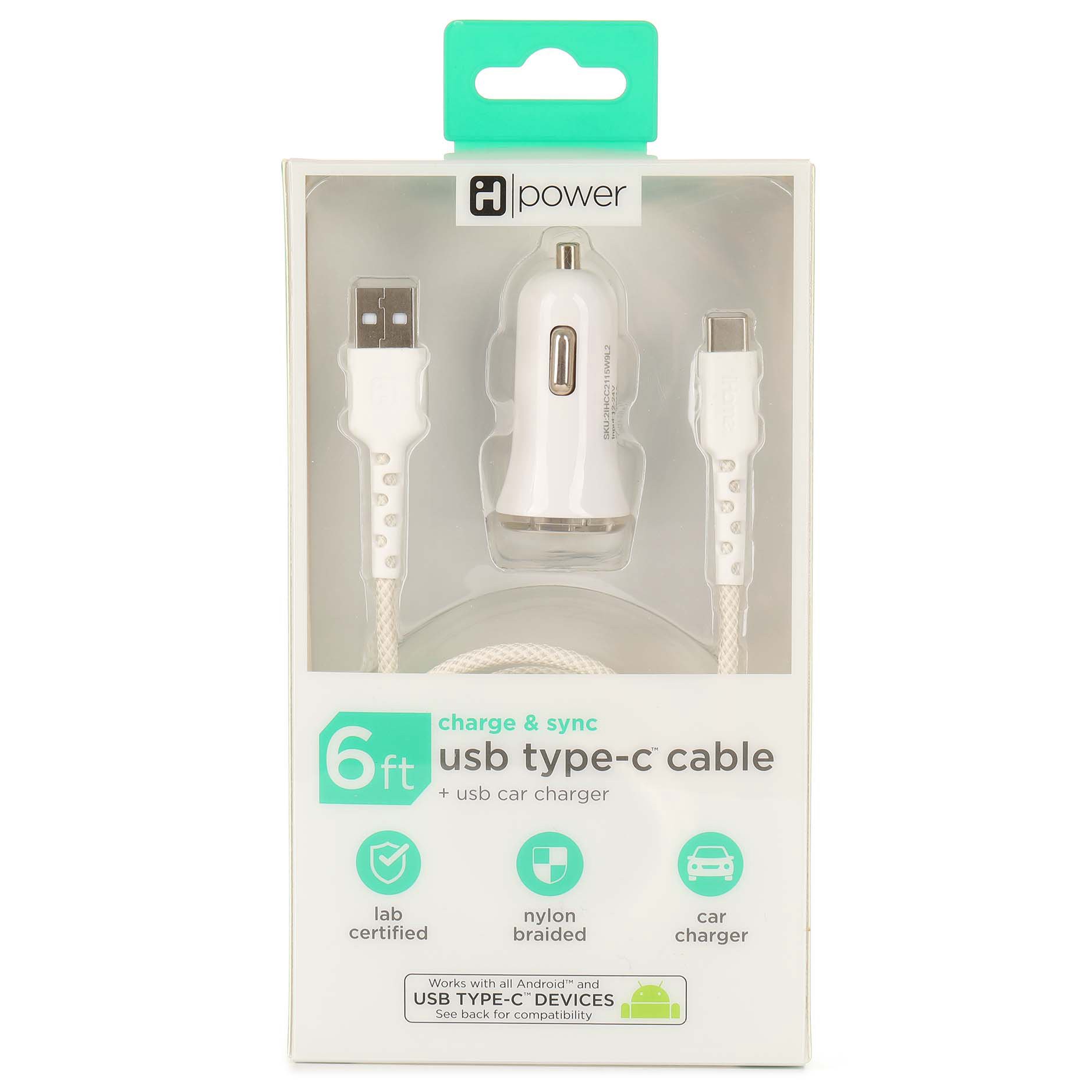 slide 1 of 1, iHome USB-C Cable with Car Charger - White, 6 ft