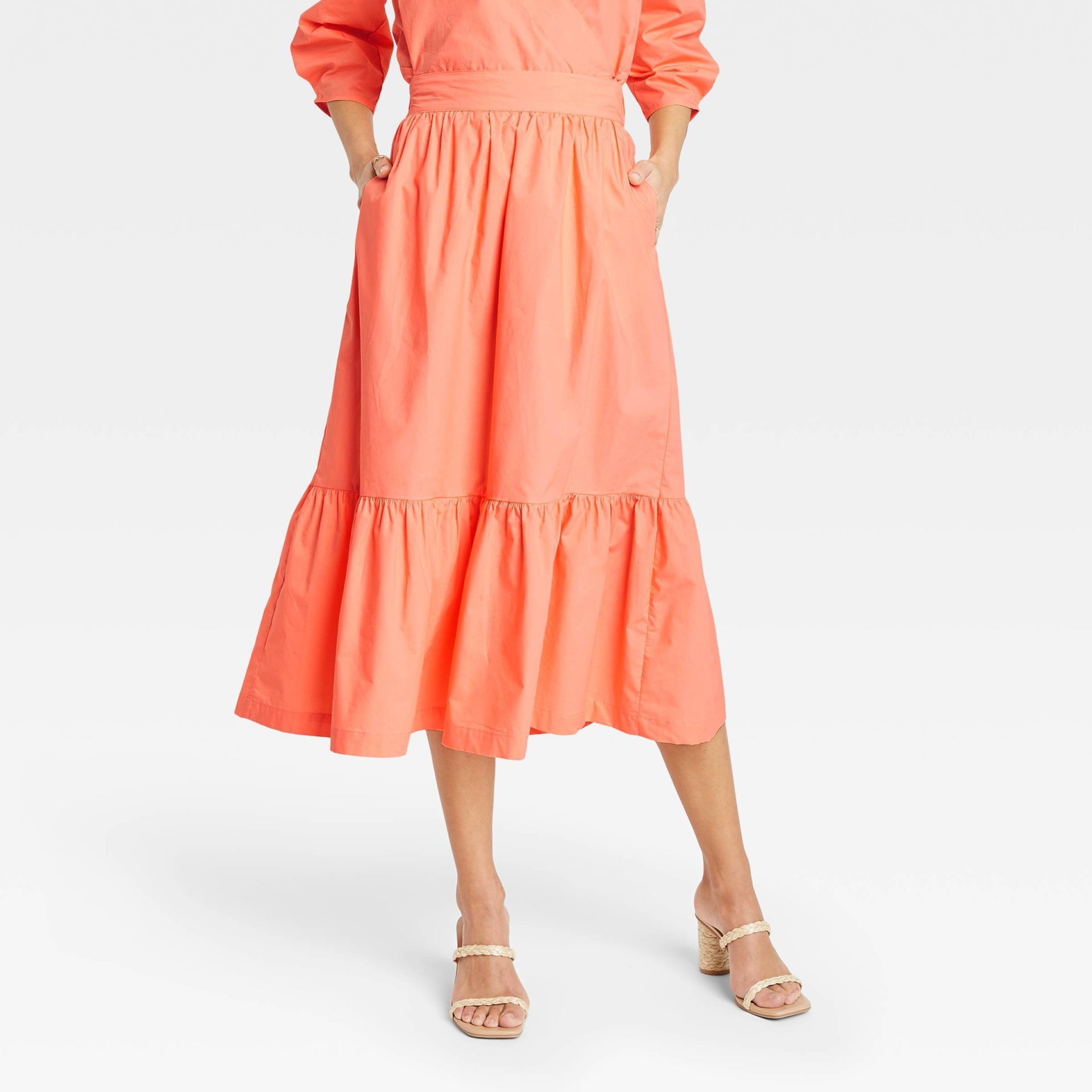 slide 1 of 3, Women's Tiered A-line Midi Skirt - A New Day Coral S, 1 ct