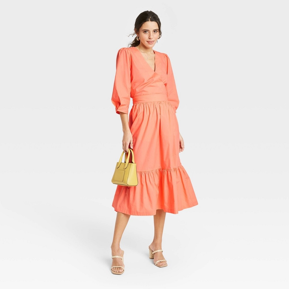slide 3 of 3, Women's Tiered A-line Midi Skirt - A New Day Coral L, 1 ct