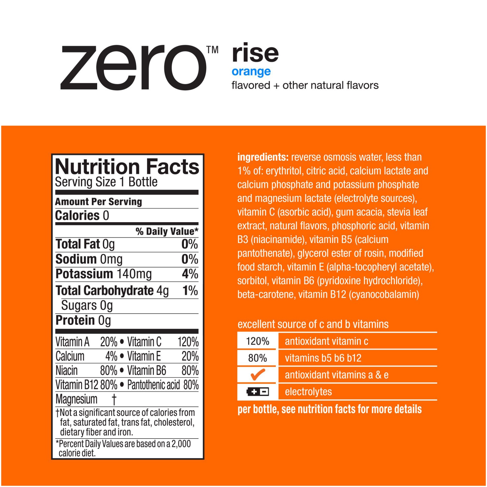 slide 3 of 3, vitaminwater zero sugar rise, electrolyte enhanced water w/ vitamins, orange drinks, 16.9 fl oz, 6 Pack, 6 ct; 16.90 fl oz