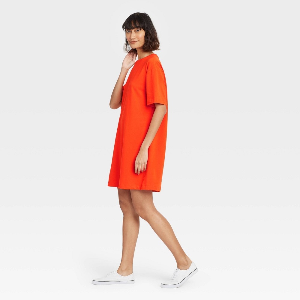 slide 3 of 3, Women's Elbow Sleeve Knit T-Shirt Dress - A New Day Orange S, 1 ct