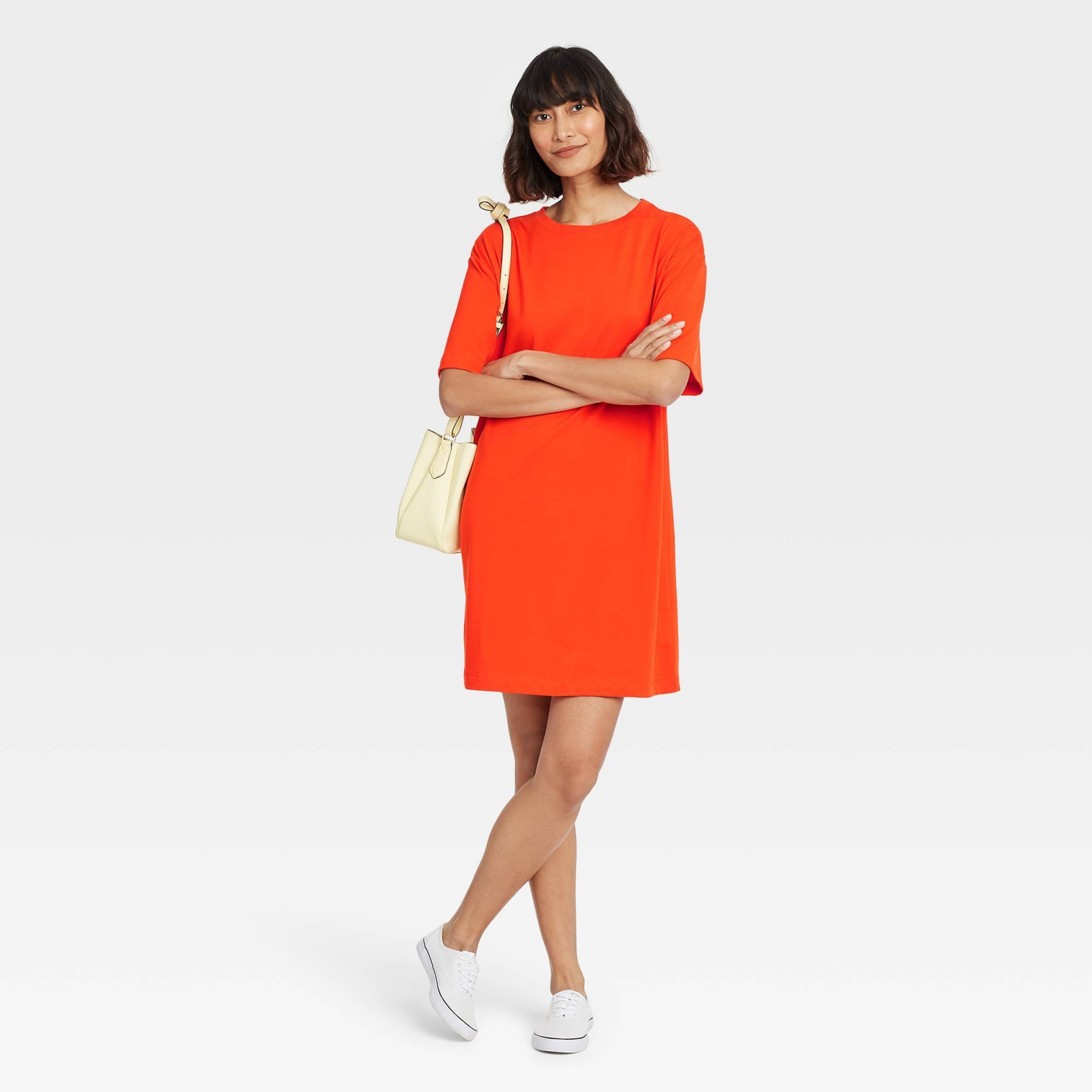 slide 1 of 3, Women's Elbow Sleeve Knit T-Shirt Dress - A New Day Orange S, 1 ct
