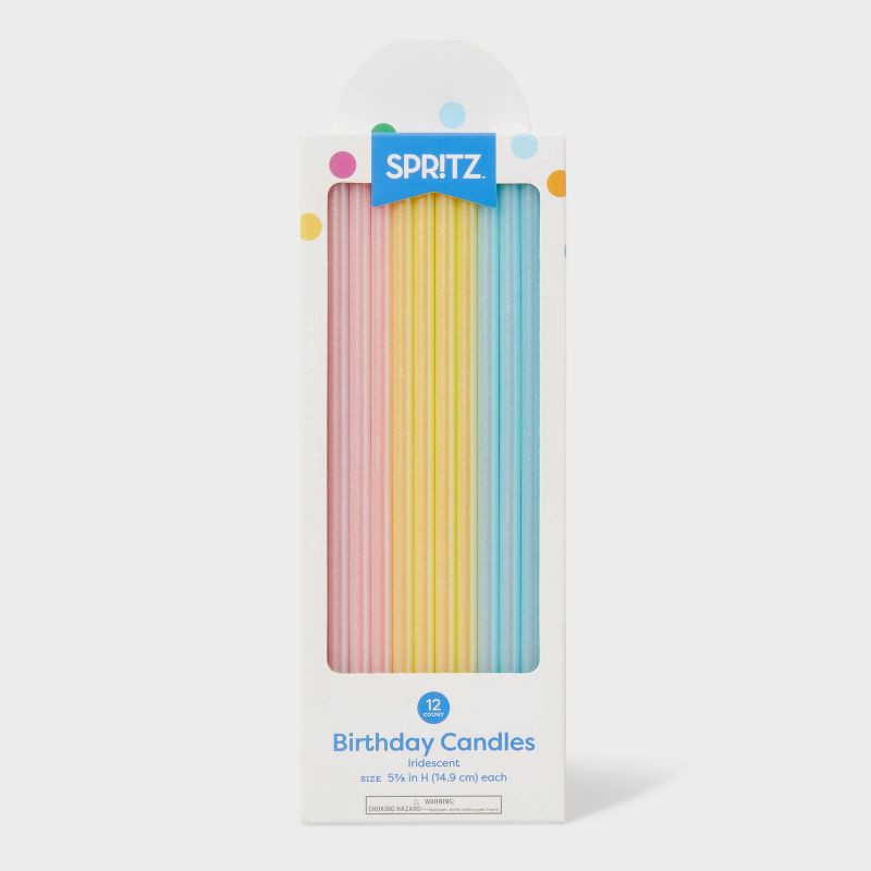 slide 3 of 3, 12pk Iridescent Birthday Cake Candles - Spritz™: Tall Long Sparkling Multicolor Wax, 5.875" Height, 12 ct