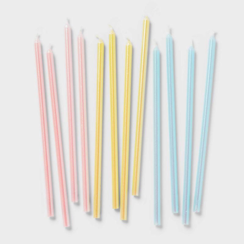 slide 1 of 3, 12pk Iridescent Birthday Cake Candles - Spritz™: Tall Long Sparkling Multicolor Wax, 5.875" Height, 12 ct