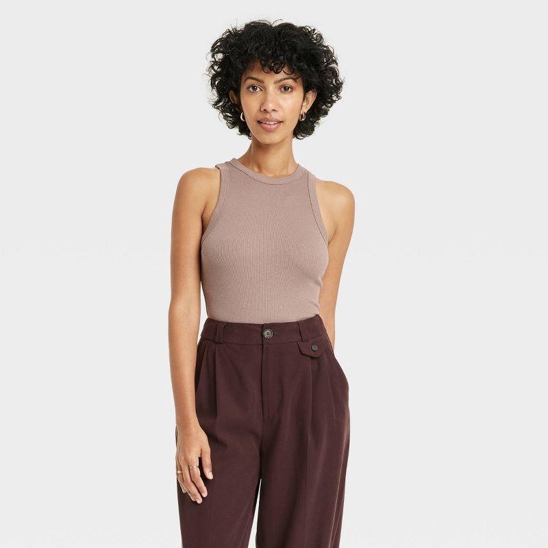 slide 1 of 4, Women's Slim Fit Ribbed Tank Top - A New Day™ Brown XS: Cotton Modal Spandex Blend, Crew Neck, Sleeveless, 1 ct