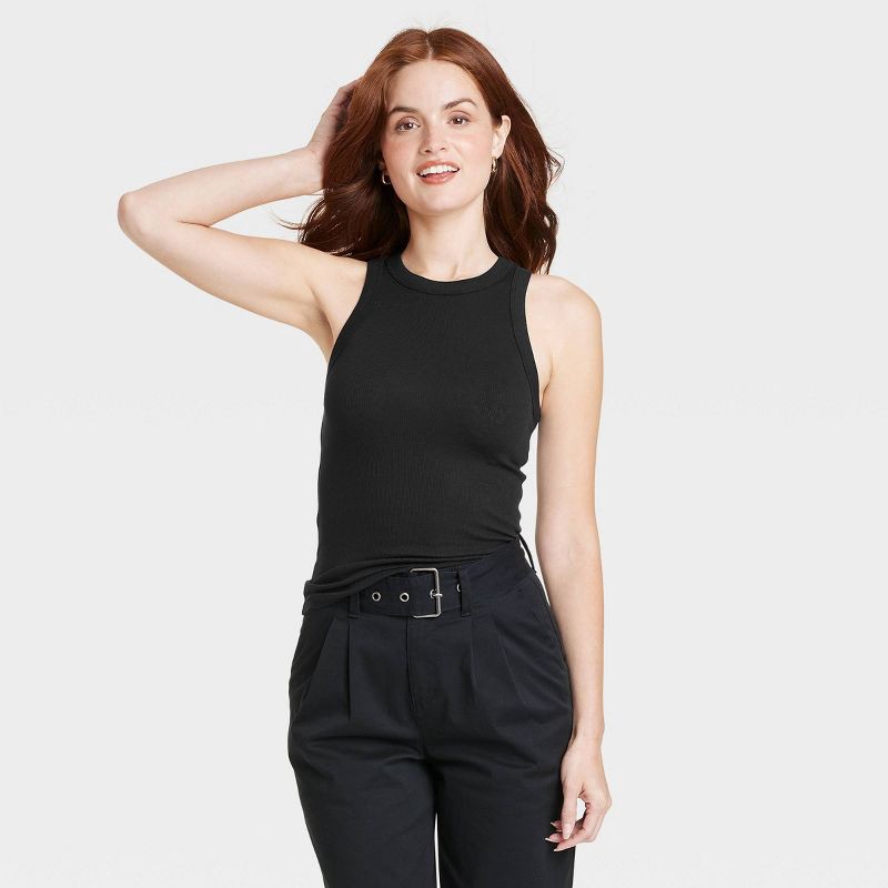 slide 1 of 3, Women's Slim Fit Ribbed Tank Top - A New Day™ Black XS: Crew Neck, Sleeveless, Pullover Style, 1 ct