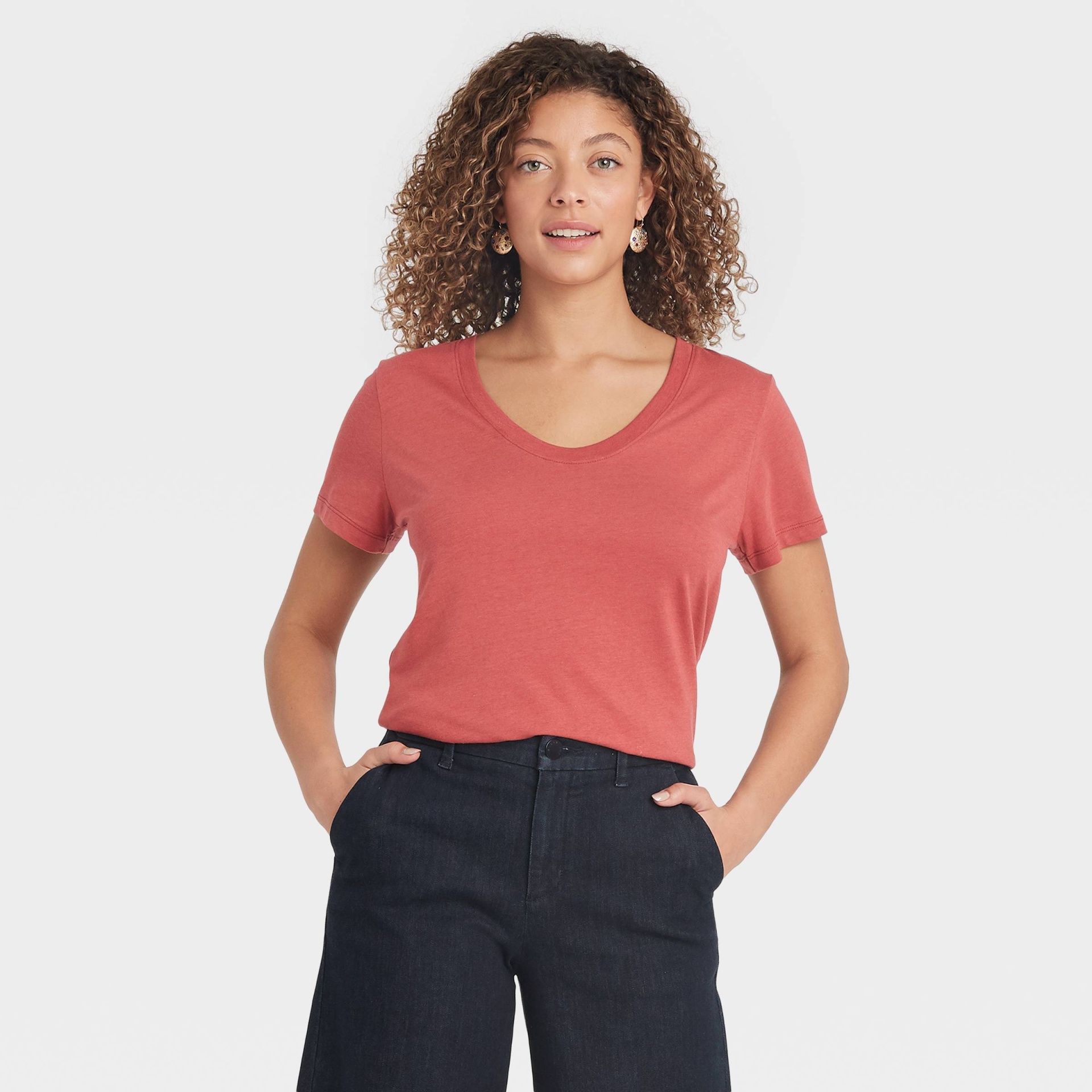 slide 1 of 3, Women's Short Sleeve Slim Fit Scoop Neck T-Shirt - A New Day Dark Pink L, 1 ct