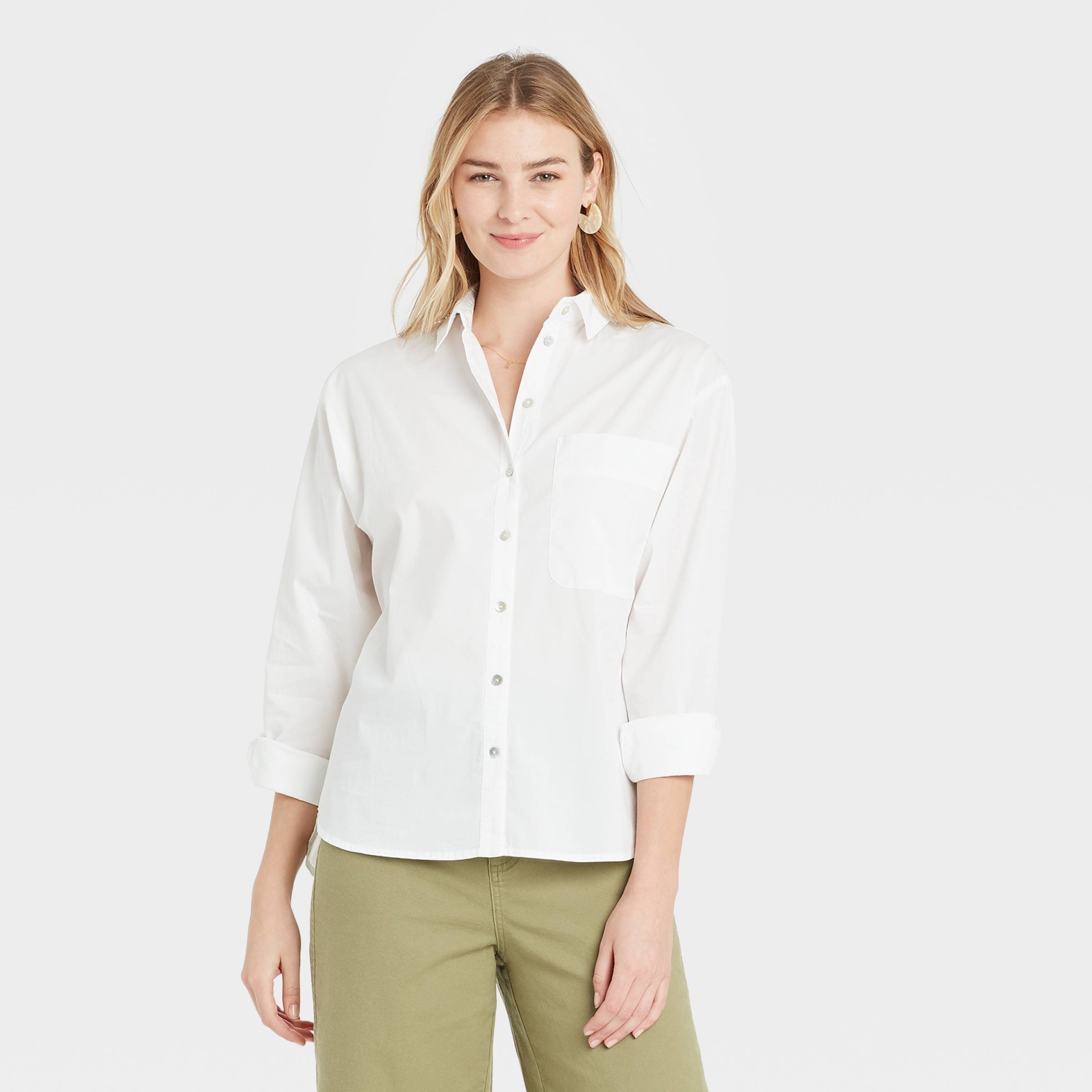 slide 1 of 3, Women's Long Sleeve Button-Down Boyfriend Shirt - A New Day White S, 1 ct