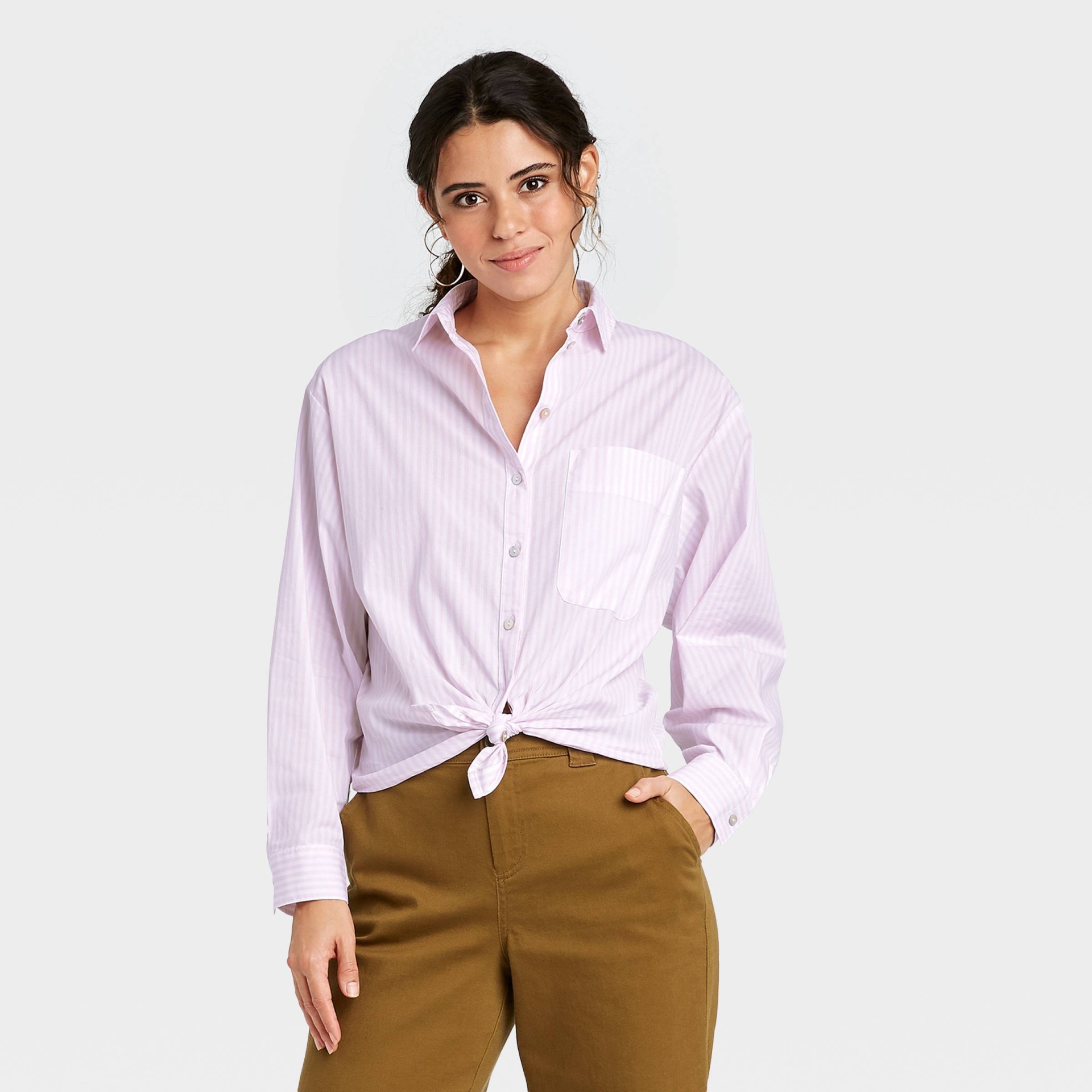 slide 1 of 3, Women's Striped Long Sleeve Button-Down Boyfriend Shirt - A New Day Light Pink XXL, 1 ct