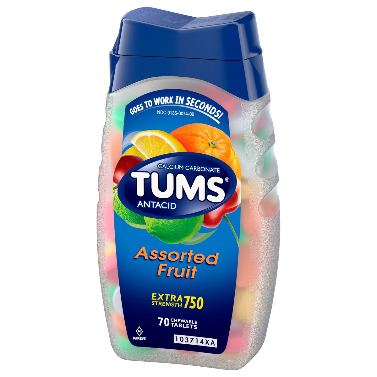 slide 3 of 13, TUMS Chewable Antacid Tablets for Extra Strength Heartburn Relief, Assorted Fruit Flavors - 70 Count, 70 ct